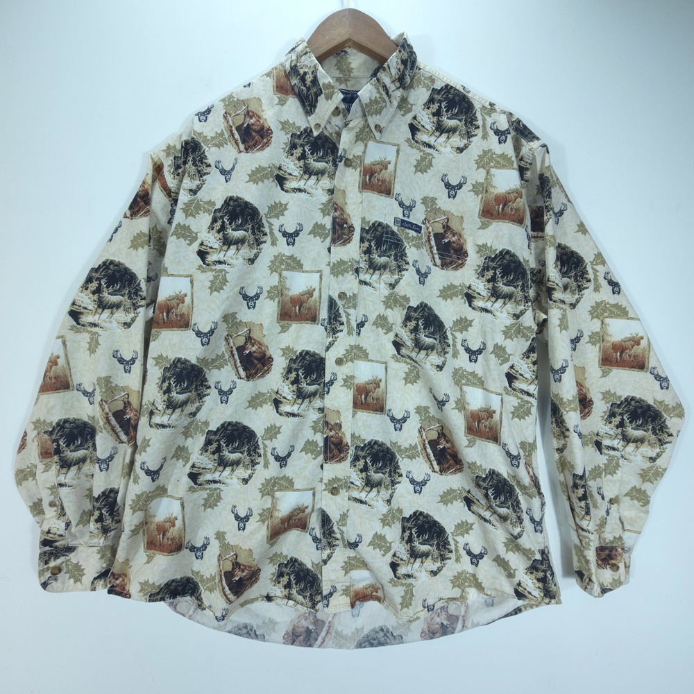 Vintage North River Shirt Mens Large Tan All Over Wildlife Print Deer Moose L/S